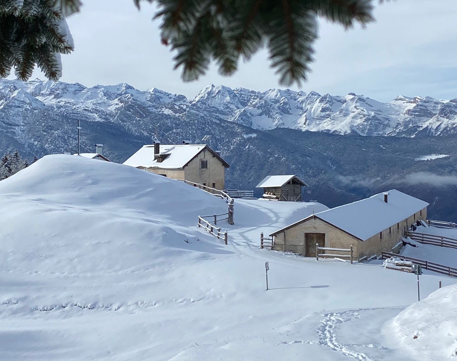 vista di malga Bodrina completamente innevata