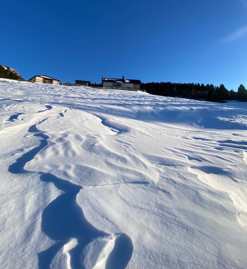 prospettiva della piana innevata in salita verso la malga Bodrina